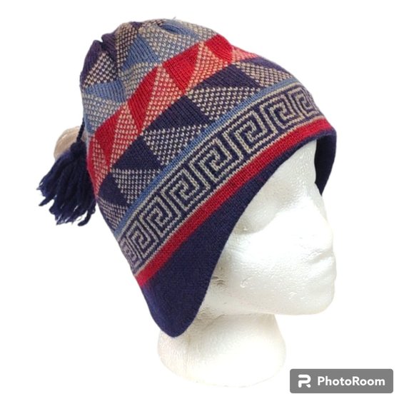 EMS Wool Geo Design Greek Key Tassel Ear Covering Fleece Inner Headband Beanie - Picture 1 of 14